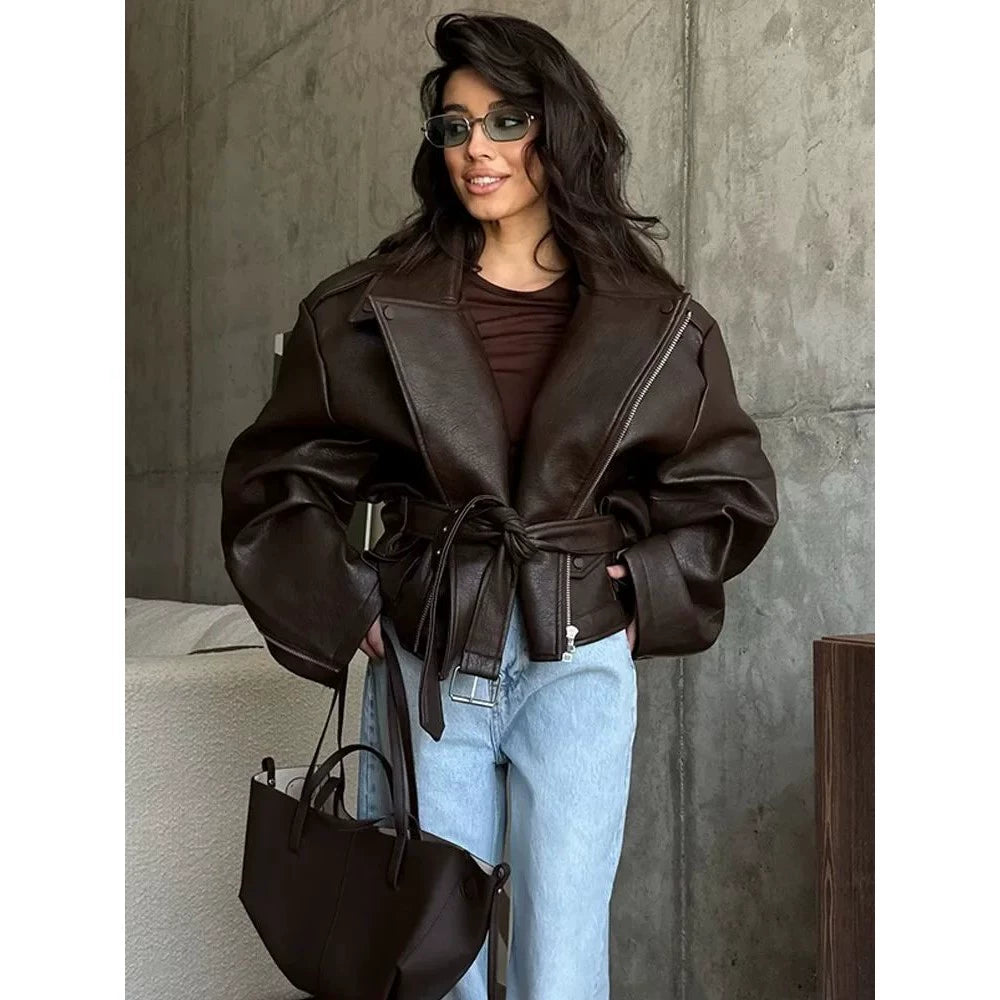 Vintage Damen-Lederjacke mit langen Ärmeln und Schnürung