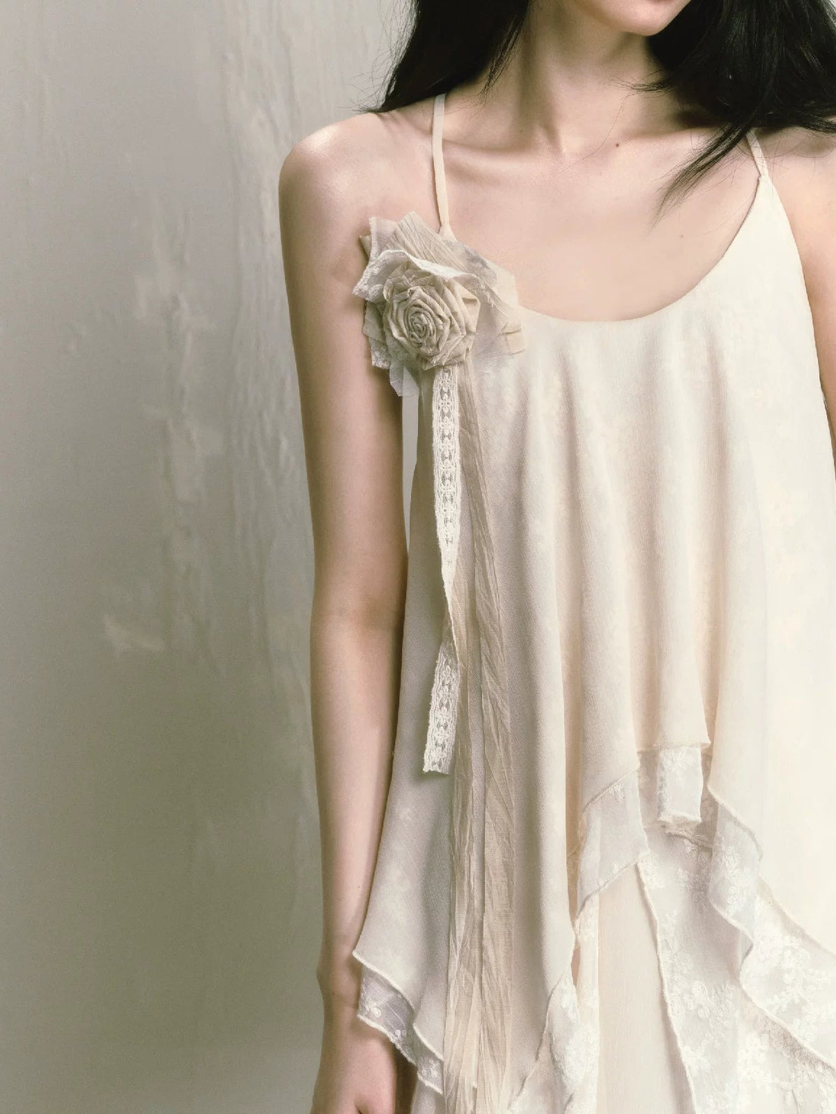 With Brooch Irregular Camisole Dress & Long Sleeve Shirt Setup