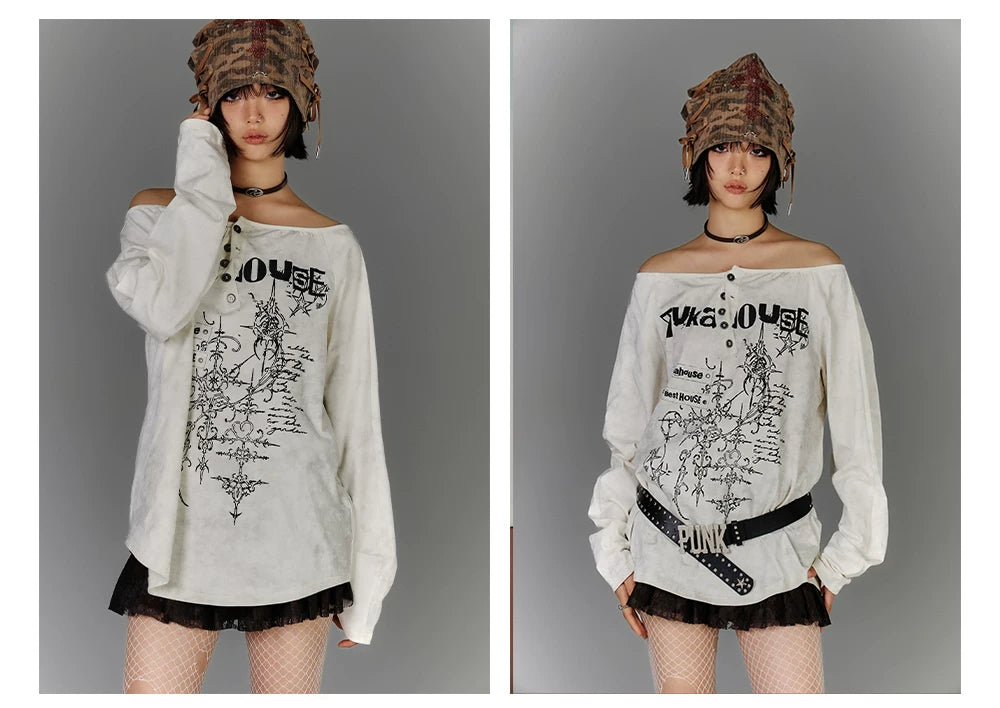 Off-Shoulder Graphic Print Button Long Sleeve T-Shirt