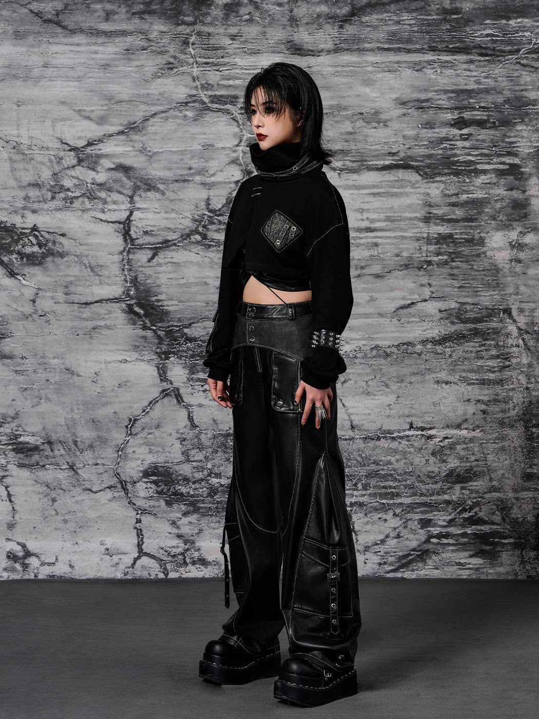 Metal-Embellished Straight-Leg PU Leather Cargo Pants