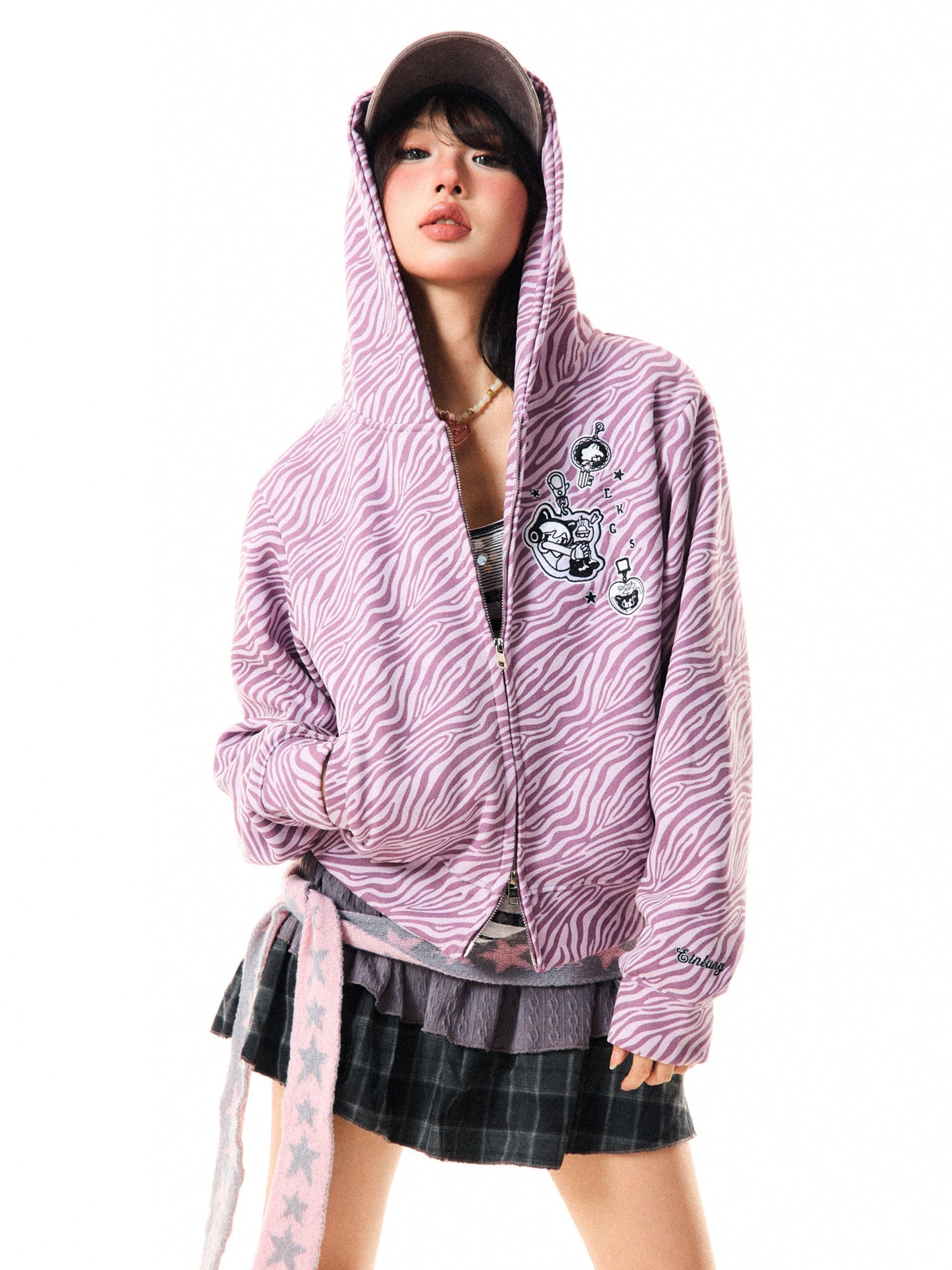 Zebra Print Graphic Zip-Up Hoodie