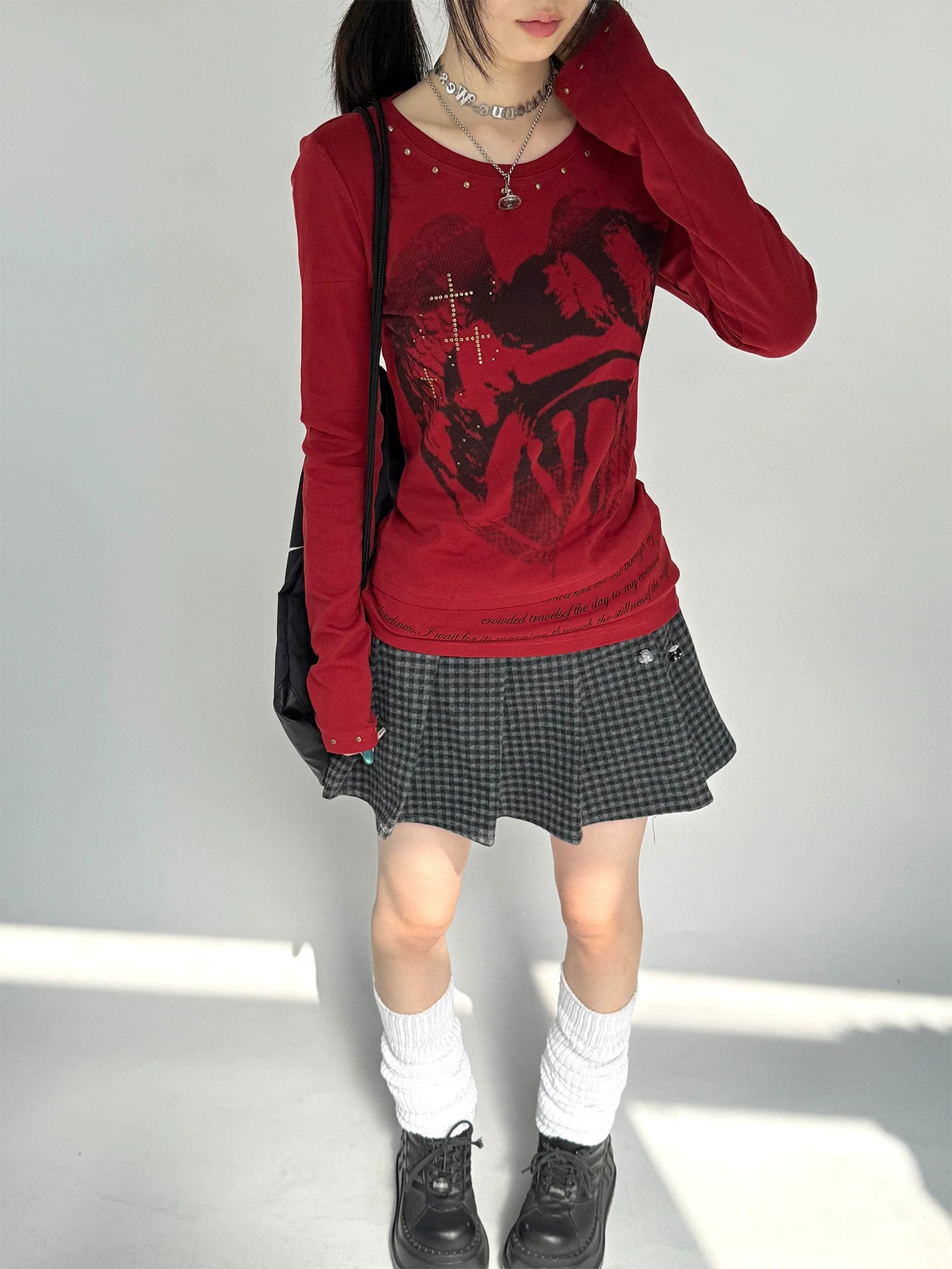 Cross Print Rivet Long Sleeve T-Shirt