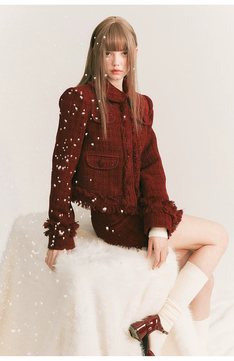 Round Collar Tweed Jacket & A-Line Tweed Skirt Setup