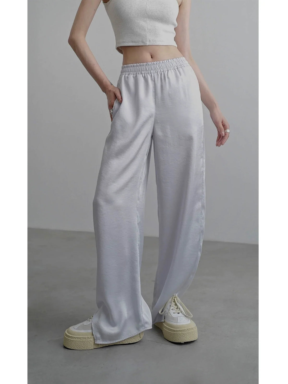 Elastic Slit Wide-Leg Straight Pants