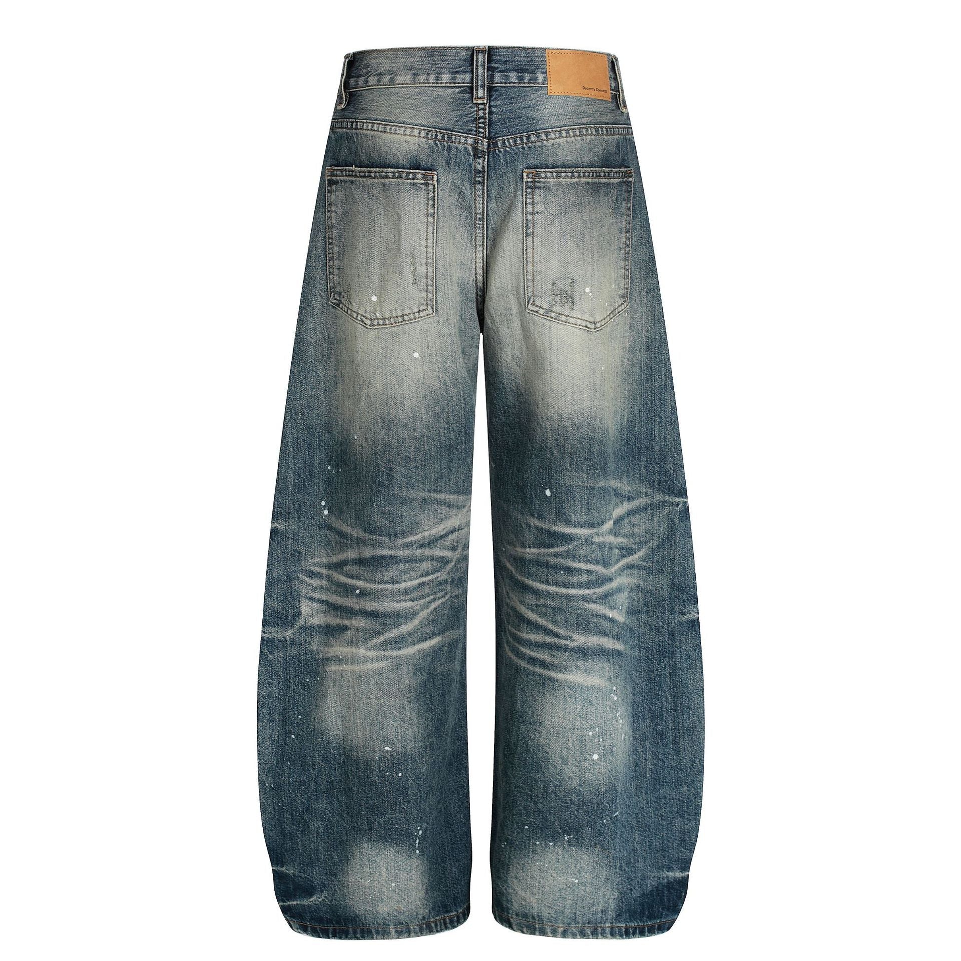 Washed Whisker Paint Splatter Curved Denim Jeans