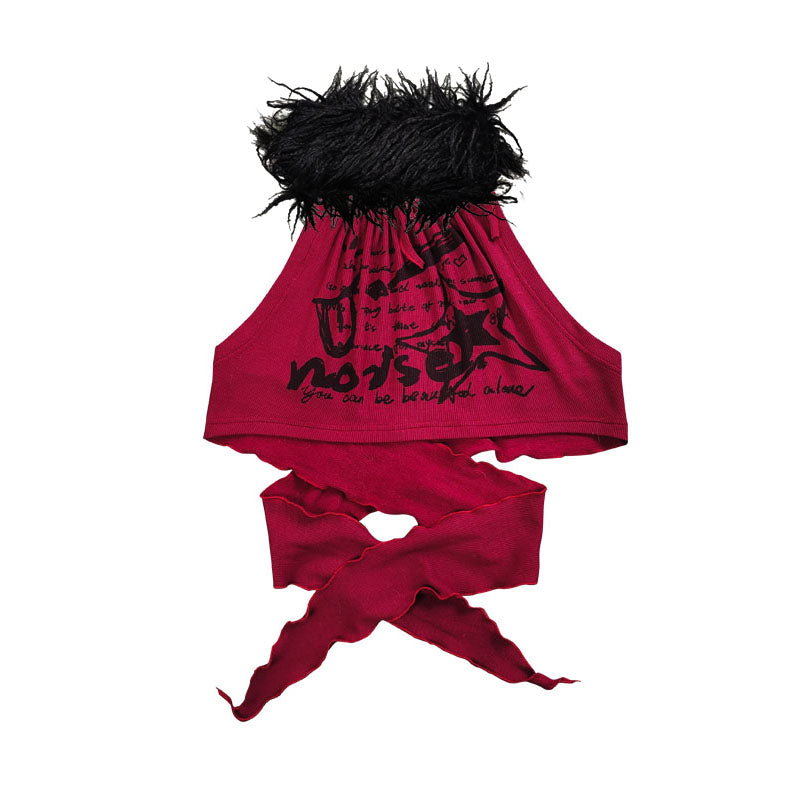 Red & Black Rock-Inspired Detachable Fur Collar Two-Way Camisole