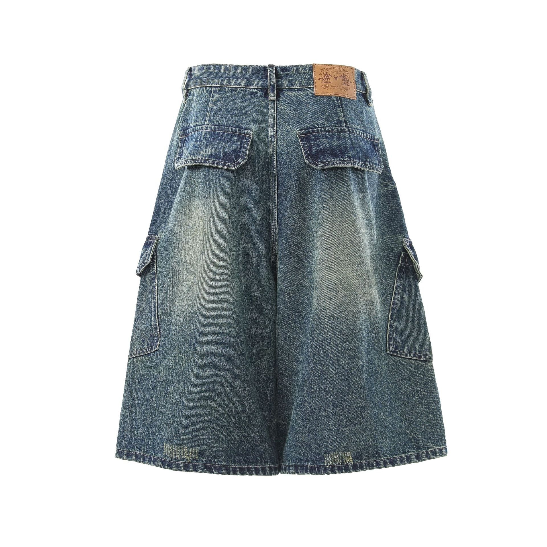 Washed Multi Pocket Letter Print Denim Jort
