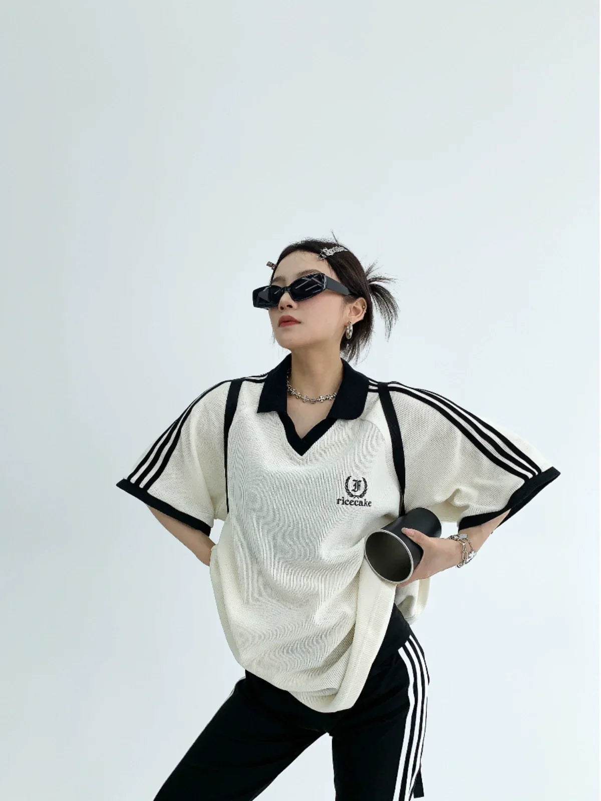 Oversize V-Neck Short Sleeve Polo Shirt