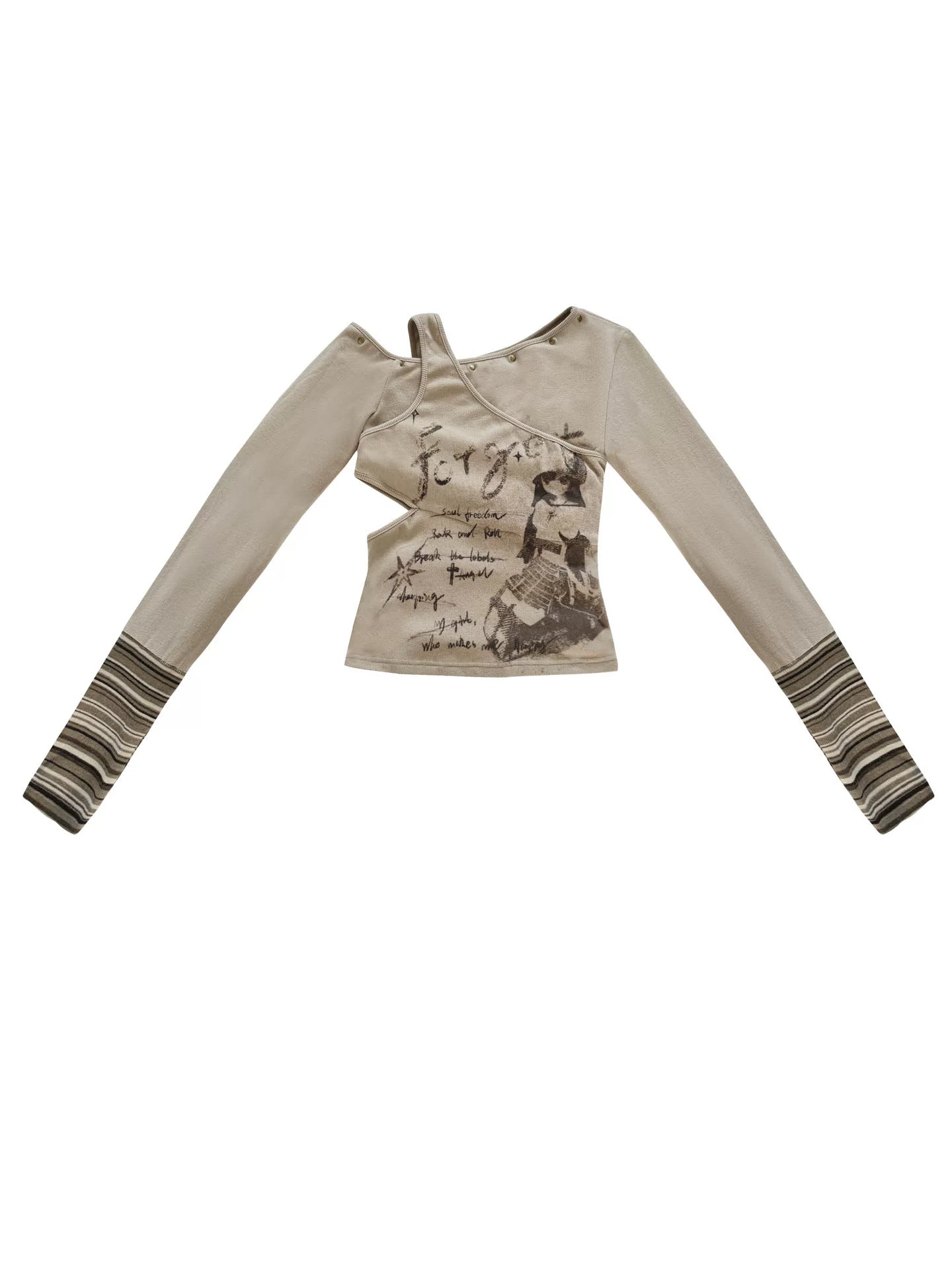 Off-Shoulder Patchwork Print Long Sleeve Knit T-Shirt