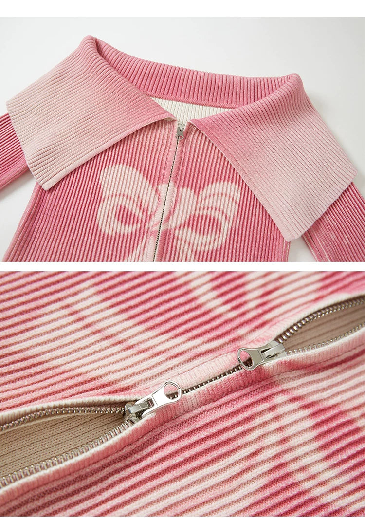 Bow Gradient Print Zipper Knit Sweater