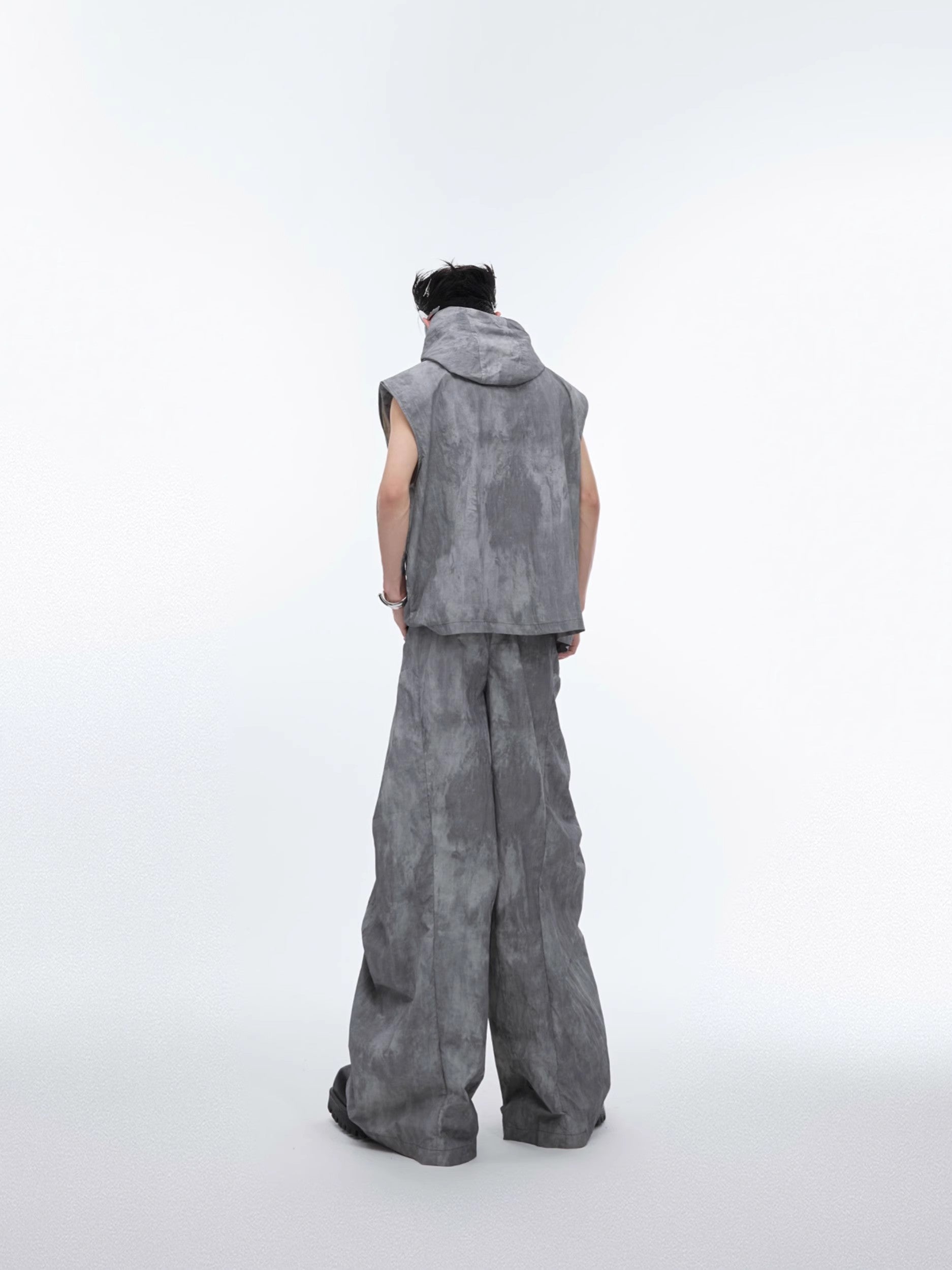 Zipper Hooded Sleeveless Jacket & Workwear Wide-Leg Straight Pants Setup