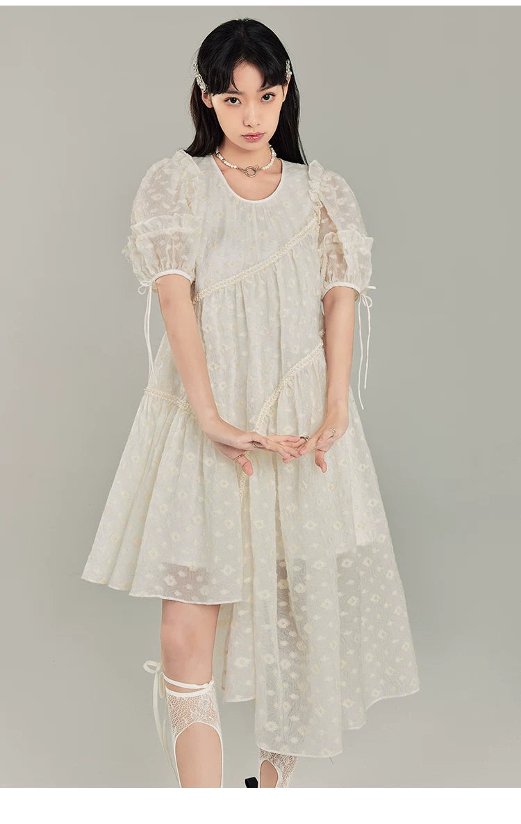 Jacquard Design Short Sleeve Dress With Irregular Hem Length