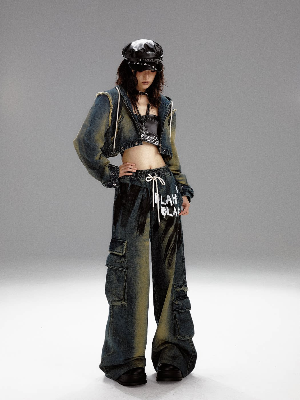 Washed Graffiti Wide-Leg Straight Dnim Jeans