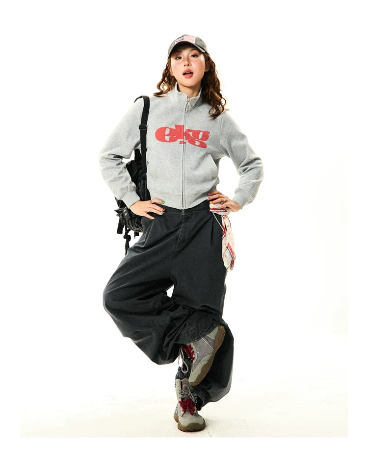 Letter Print Fitted Zipper Hoodie