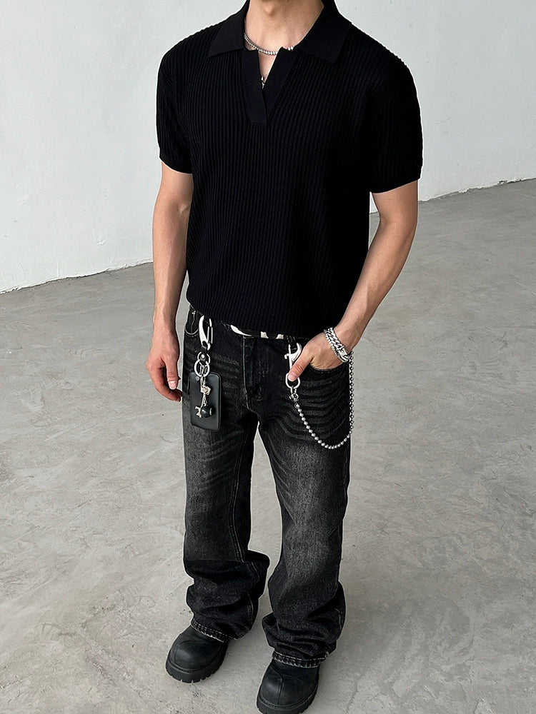 Striped Textured Summer Knit Short Sleeve Polo Shirt