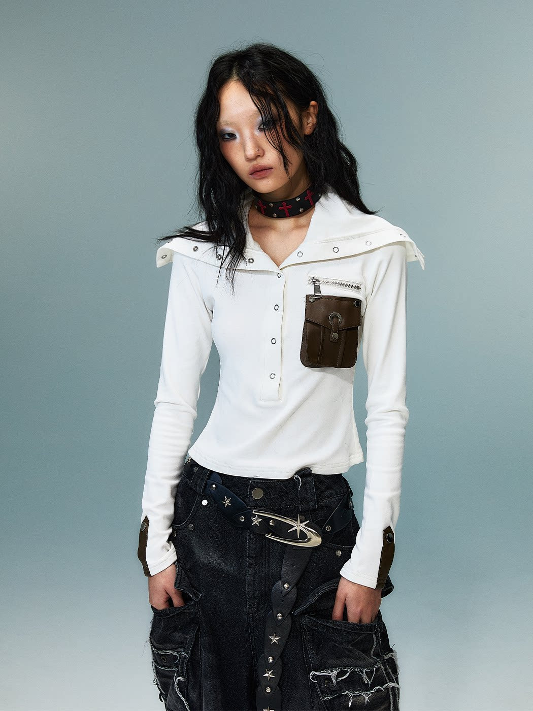 High-Neck Convertible Slim Knit Long Sleeve Shirt