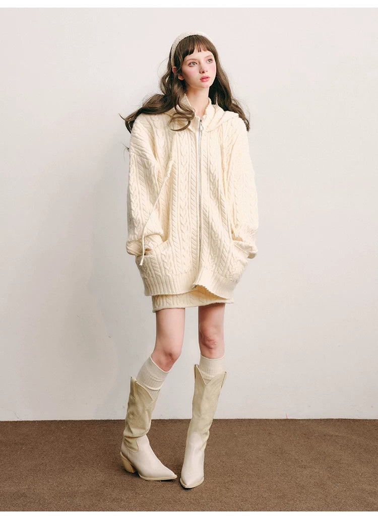 Bunny Hare Ear Hooded Zipper Knit Cardigan & Knit Skirt Setup