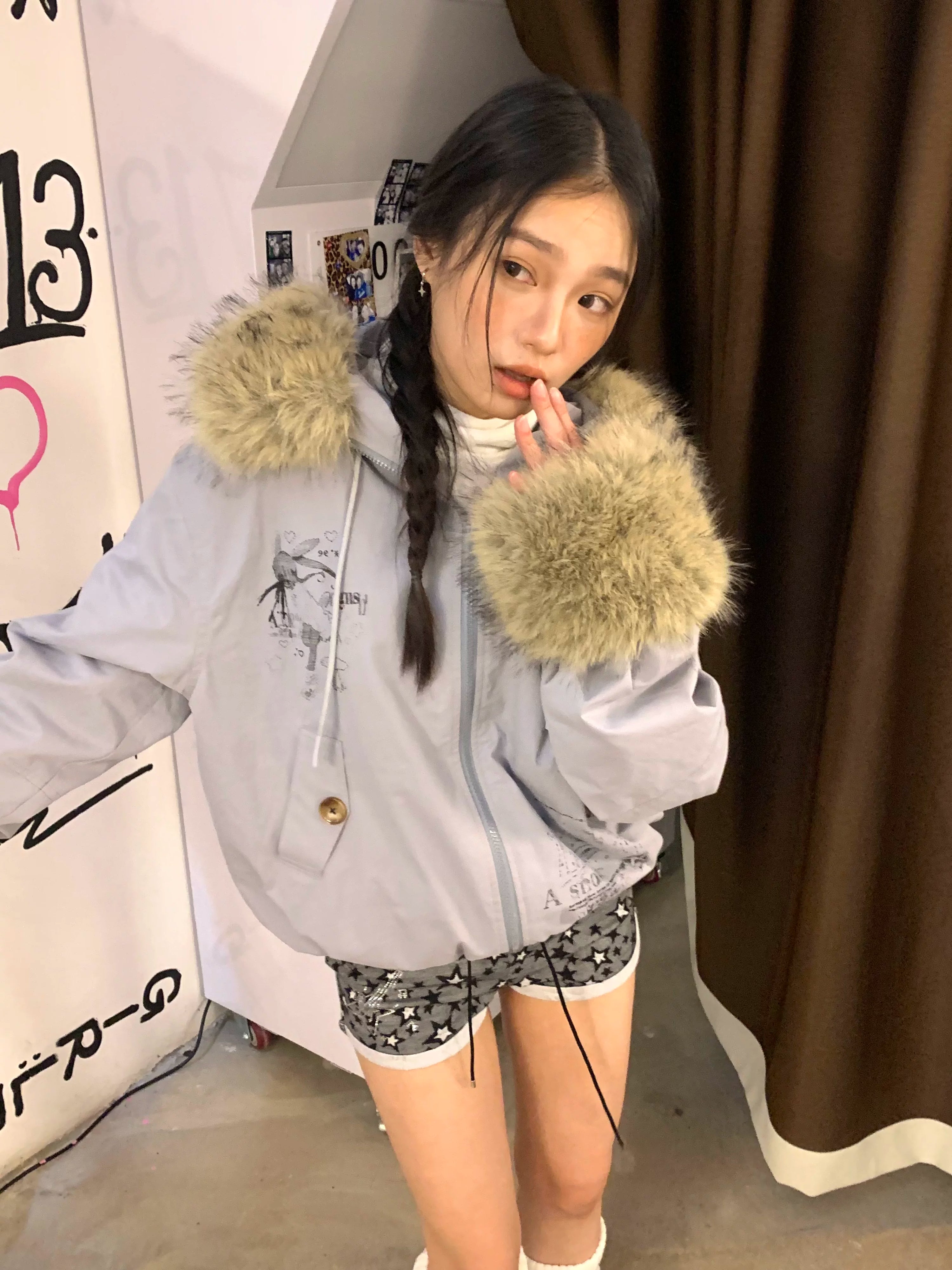 Fake Fur Trim Graphic Print Oversize Hooded Jacket