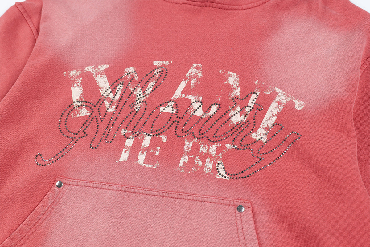 Washed Letter Rhinestone Design Damage Hoodie