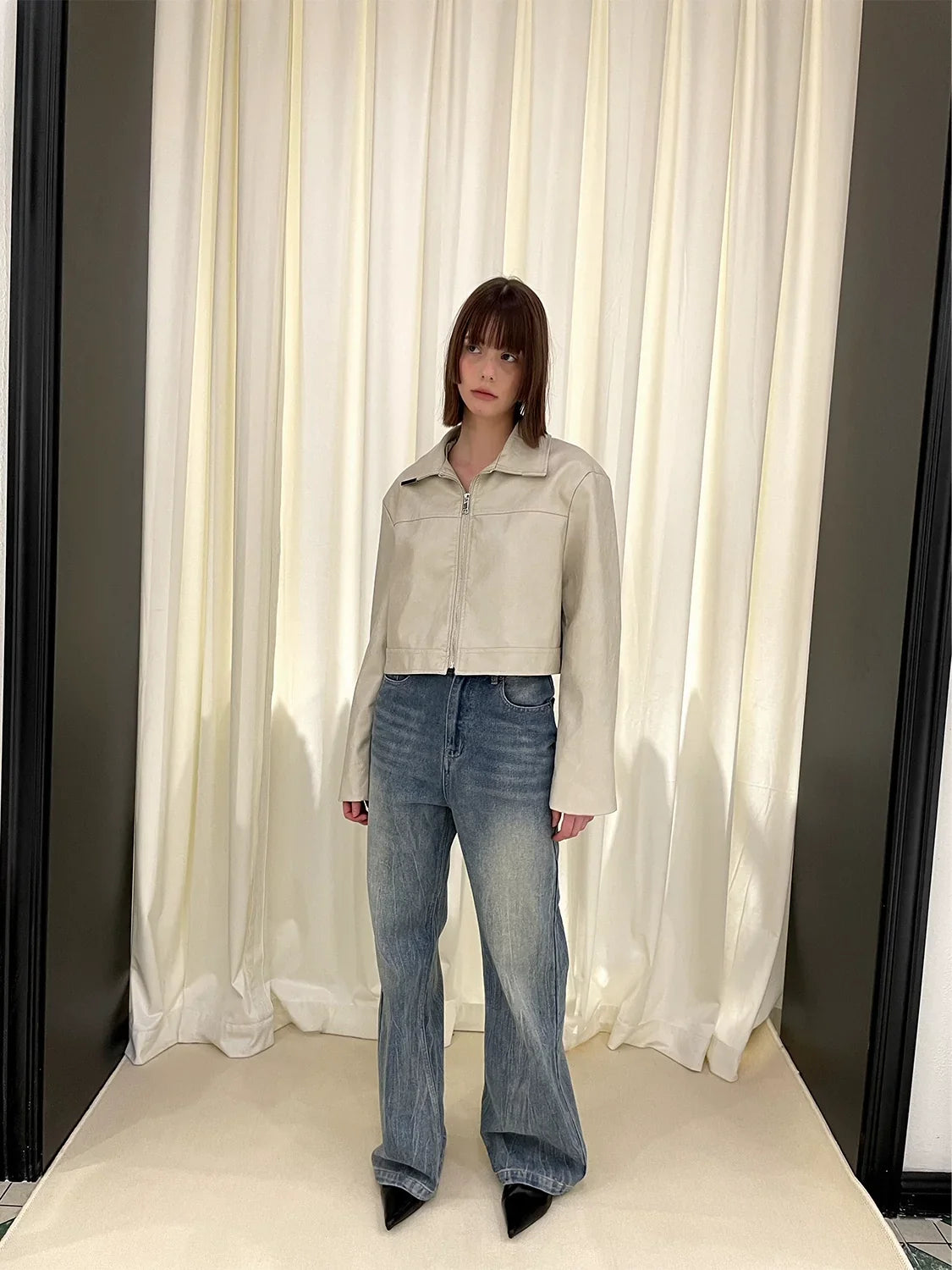 Cropped PU Leather Jacket