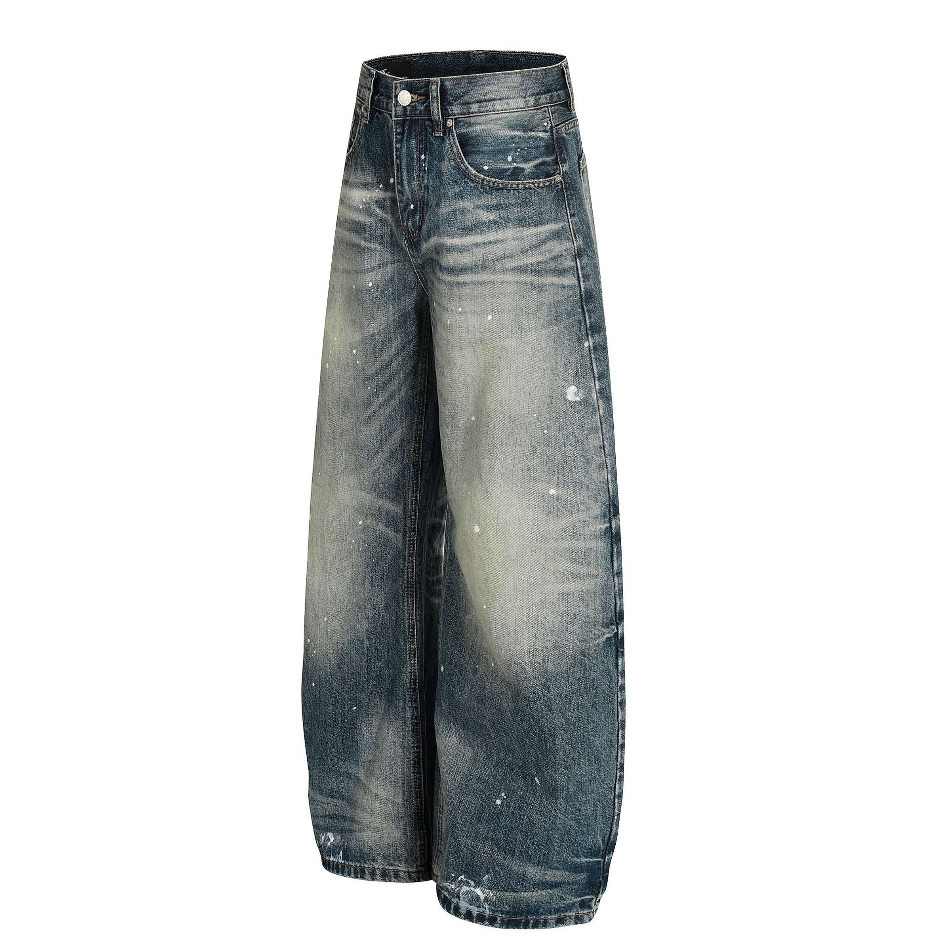 Washed Whisker Paint Splatter Curved Denim Jeans