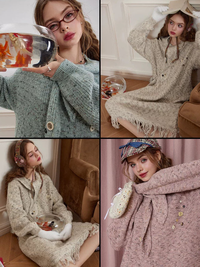 Robe longue ample à manches longues en maille avec capuche