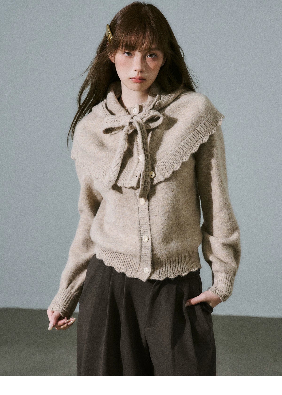 Ruffled Collar And Bow Detail Knit Cardigan