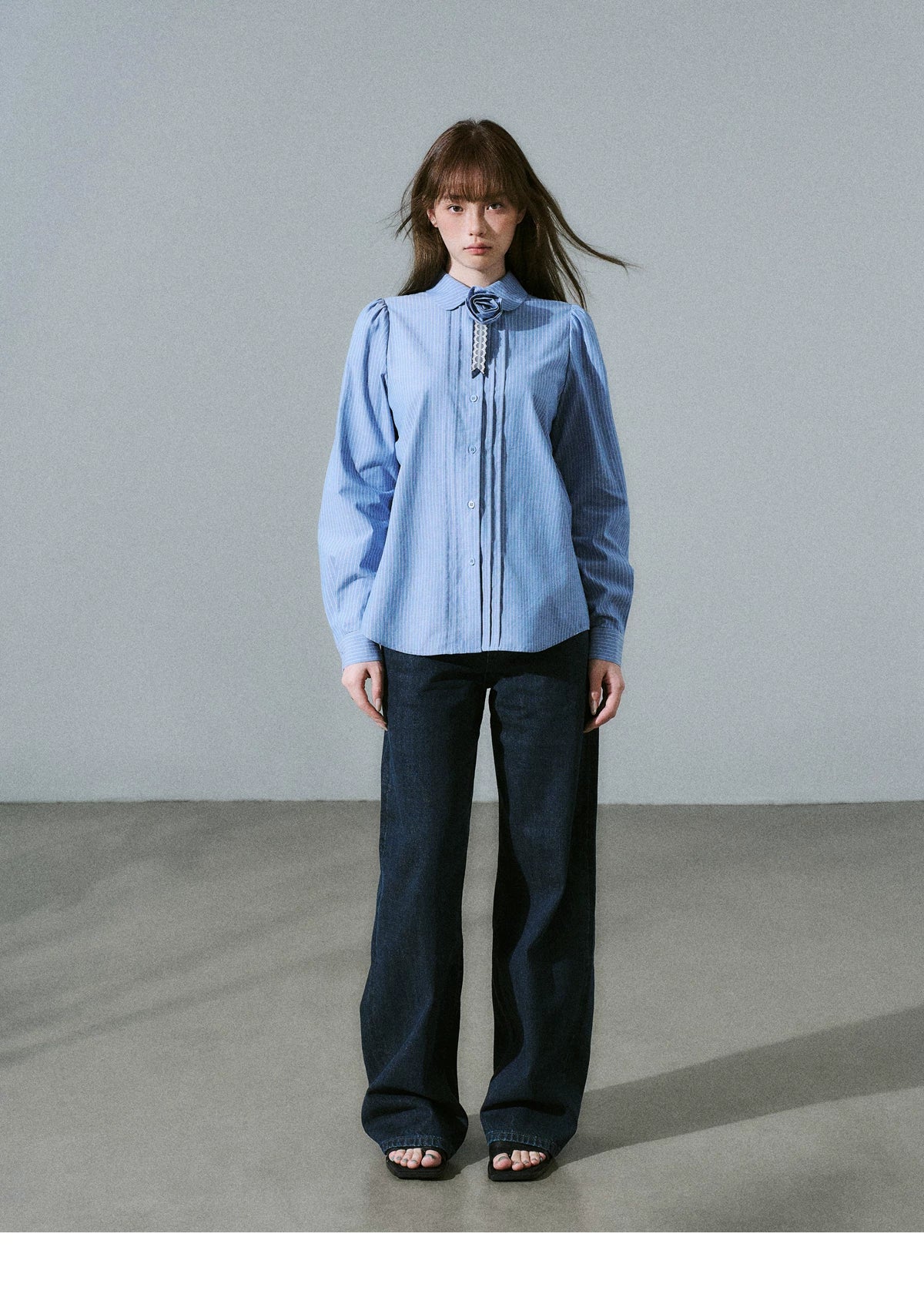 Lace & Flower Detail Stripe Long Sleeve Shirt