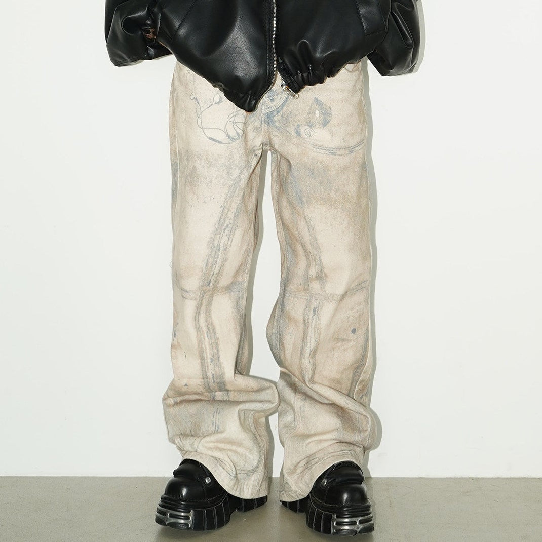 3D Graffiti Print Wide Leg Denim Jeans