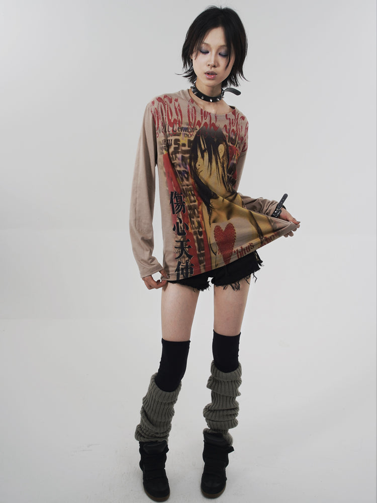 Y2k Japanese Punk Style "sad Angel" Brown Long Sleeve T-Shirt