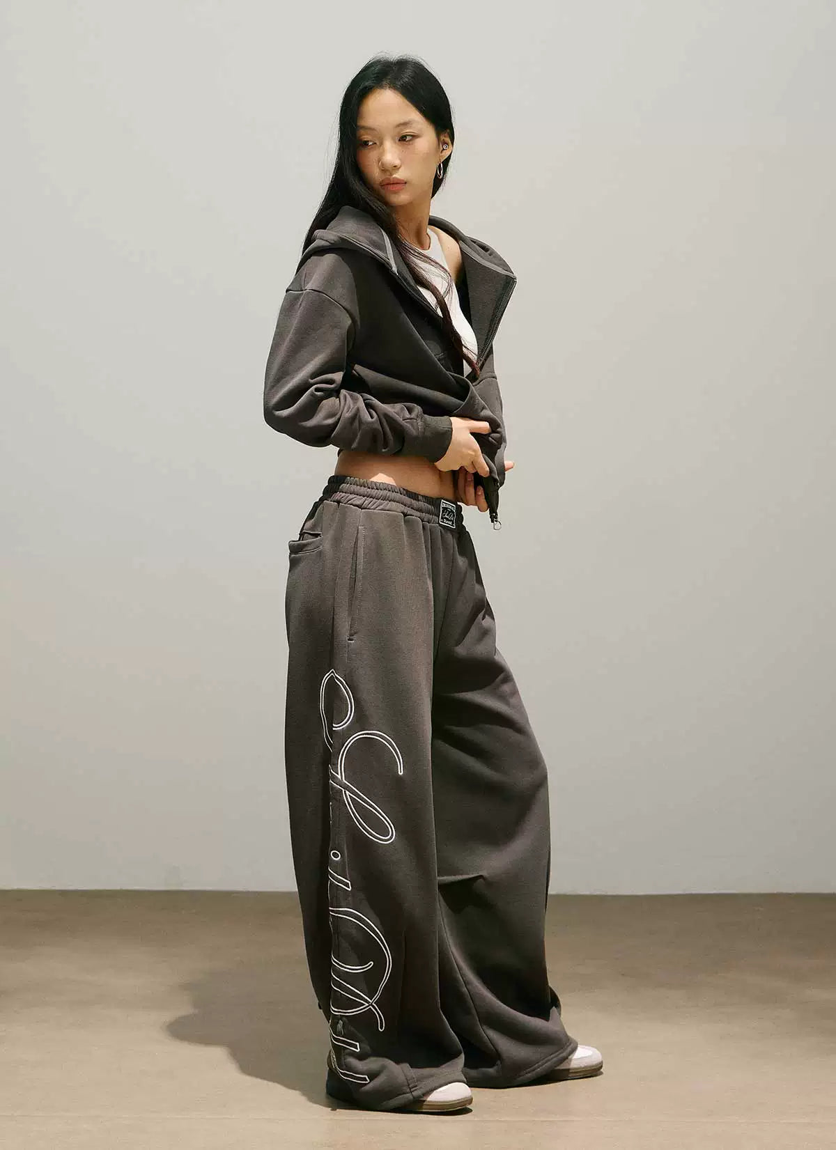 Letter Print Zipper Hoodie & Letter Print Wide Leg Sweatpants Setup
