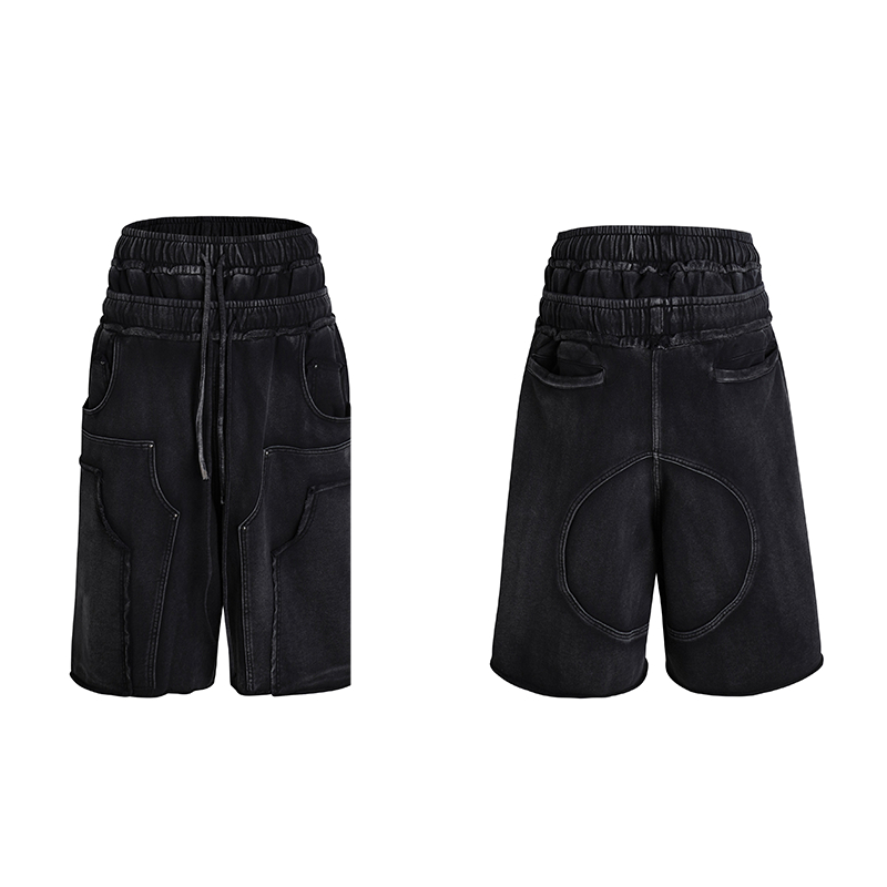 Deconstructed Double Waist Washed Wide Leg Half Sweatpants