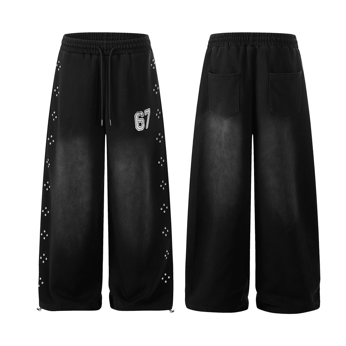 Washed Studs Number Print Wide Leg Pants