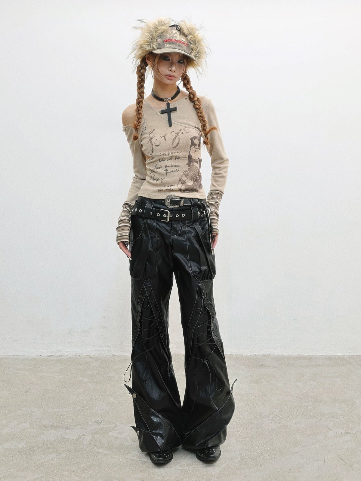 Original Design Lace-Up Double Waistband Structural PU Leather Pants