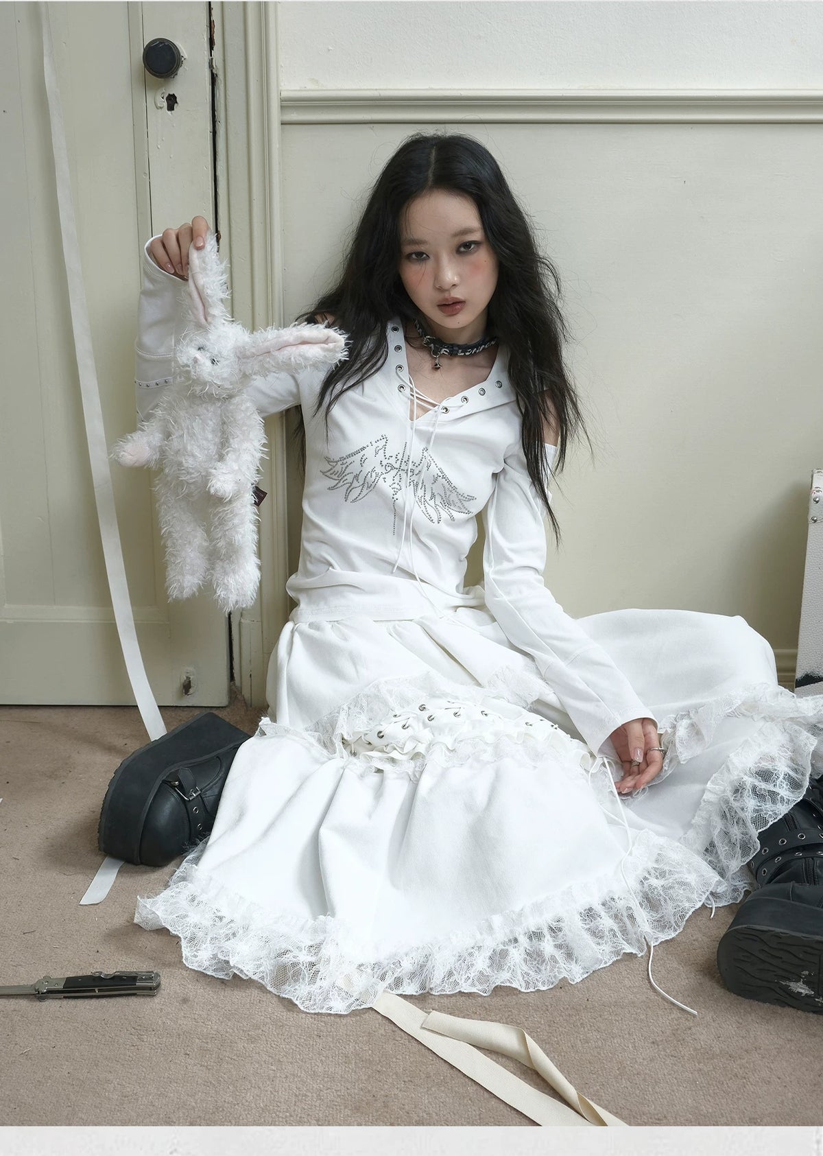 Suede Lace Asymmetrical Tie-Up Layered Long Skirt