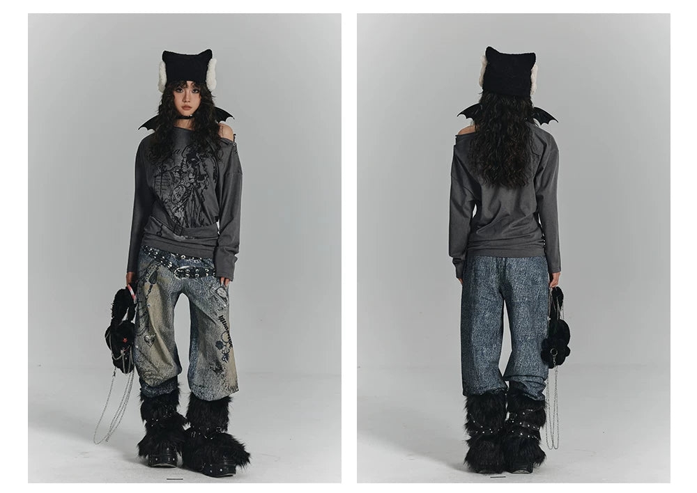 Slanted Shoulder Long Sleeve T-Shirt & Belt