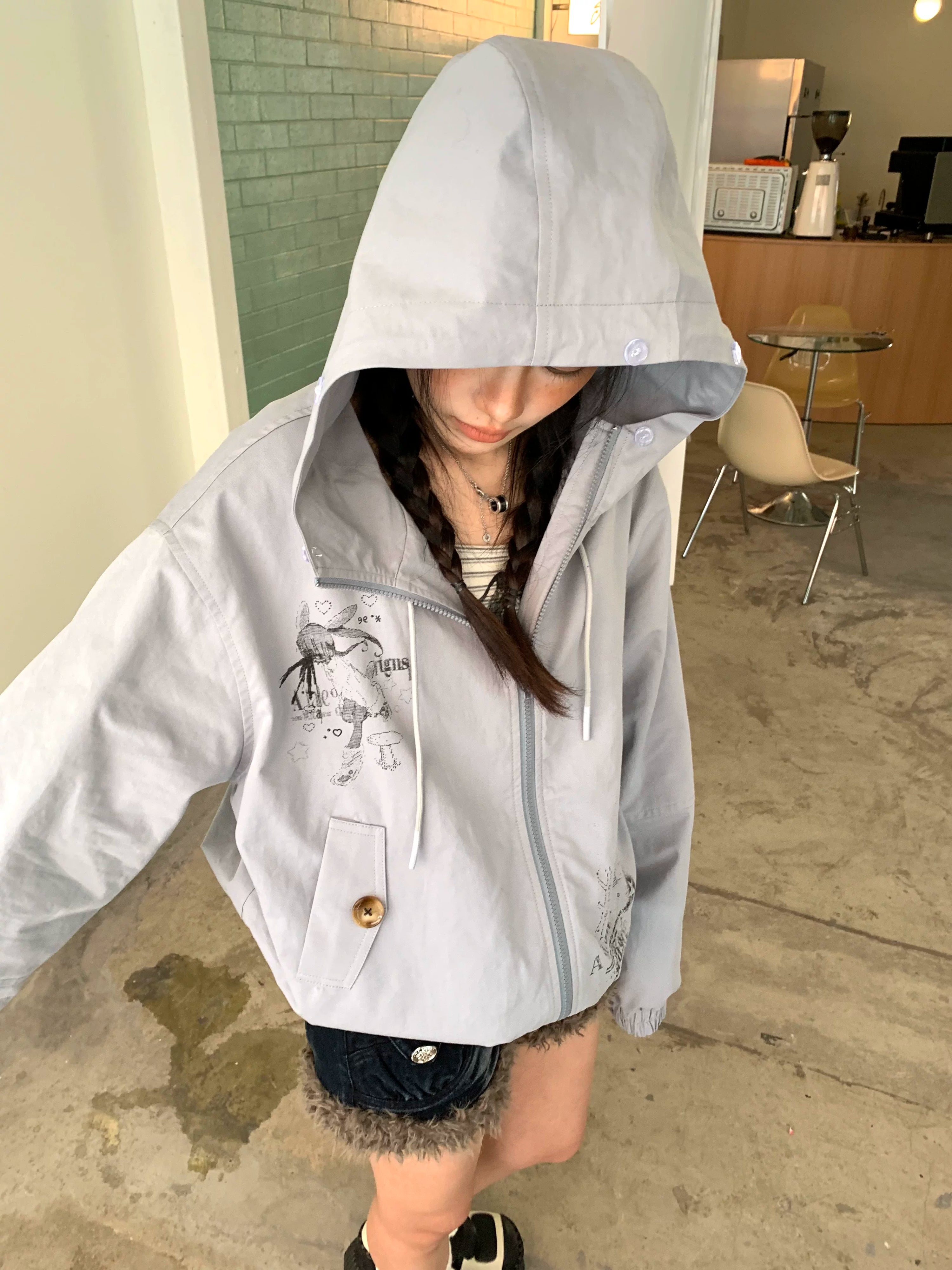 Fake Fur Trim Graphic Print Oversize Hooded Jacket