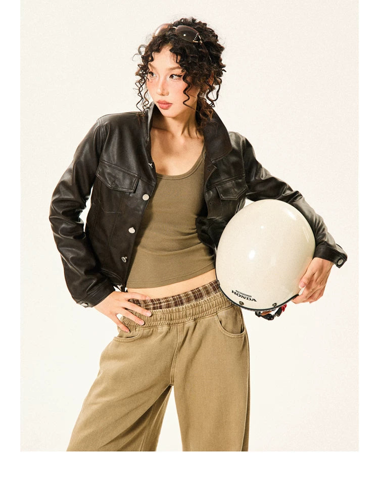 PU Leather Standing-Collar Short Jacket