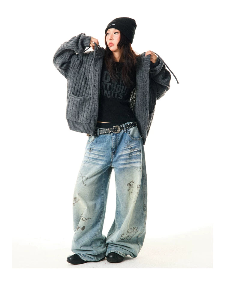 Hooded Button Oversize Cable Knit Cardigan