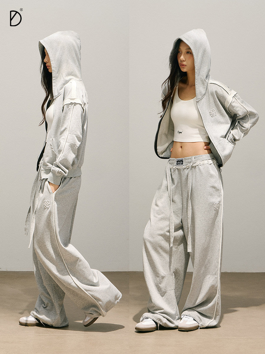 Plain Zip Hoodie & Drawstring Wide Leg Sweatpants Setup