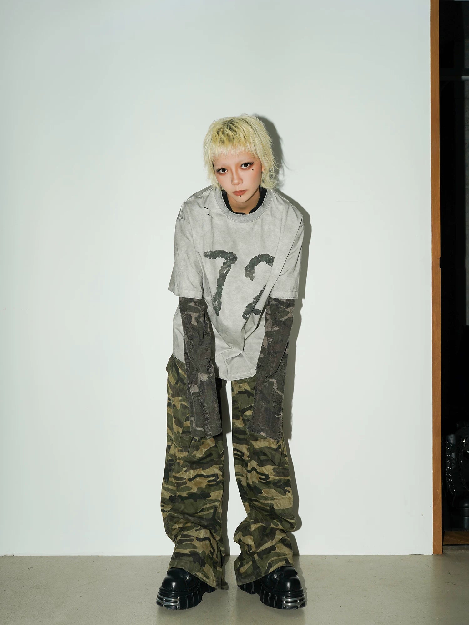 Camouflage Fake Layered Damage Long Sleeve T-Shirt