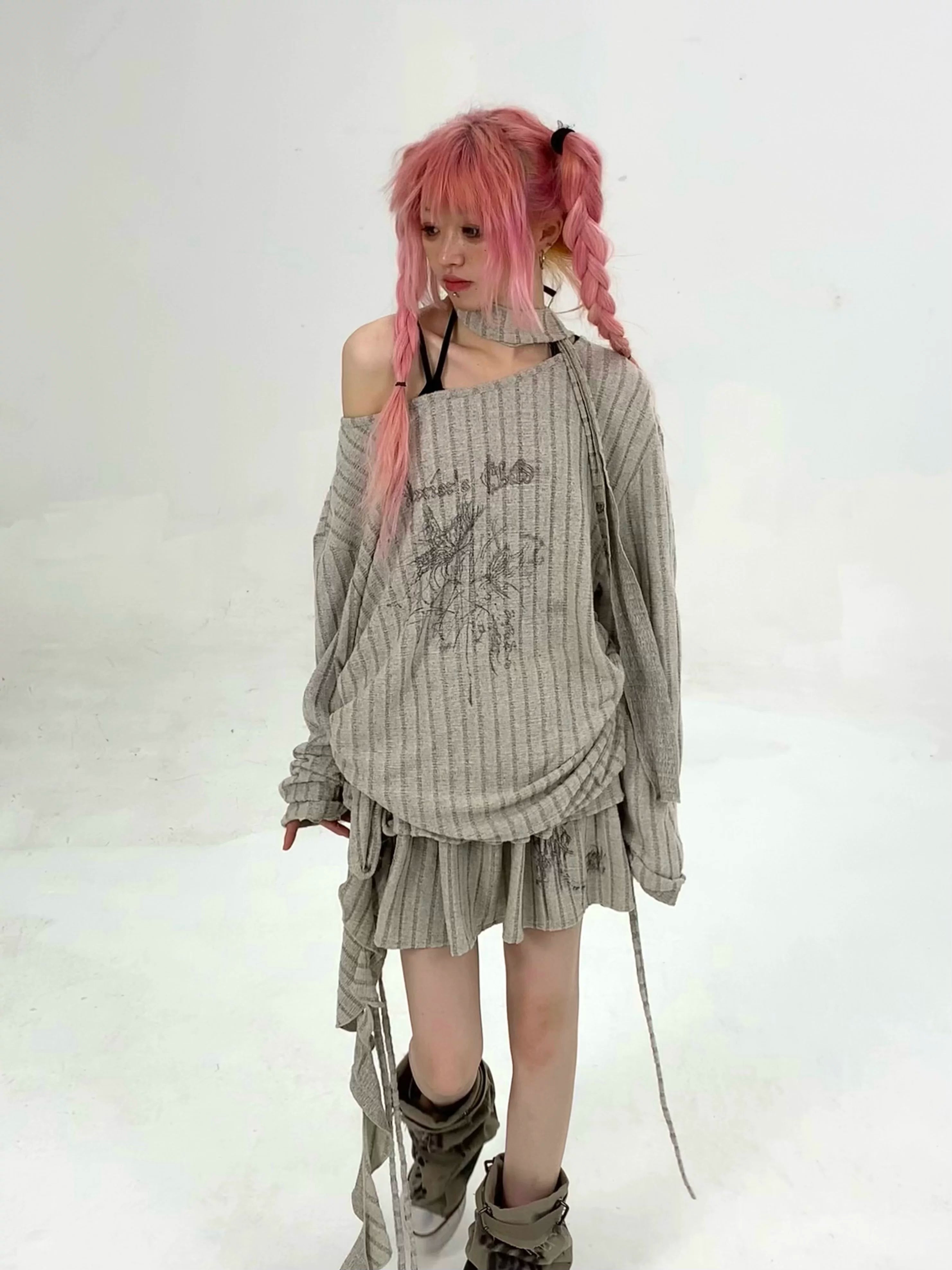 Ribbed Letter Print Strap Detail Oversize Knit Sweater