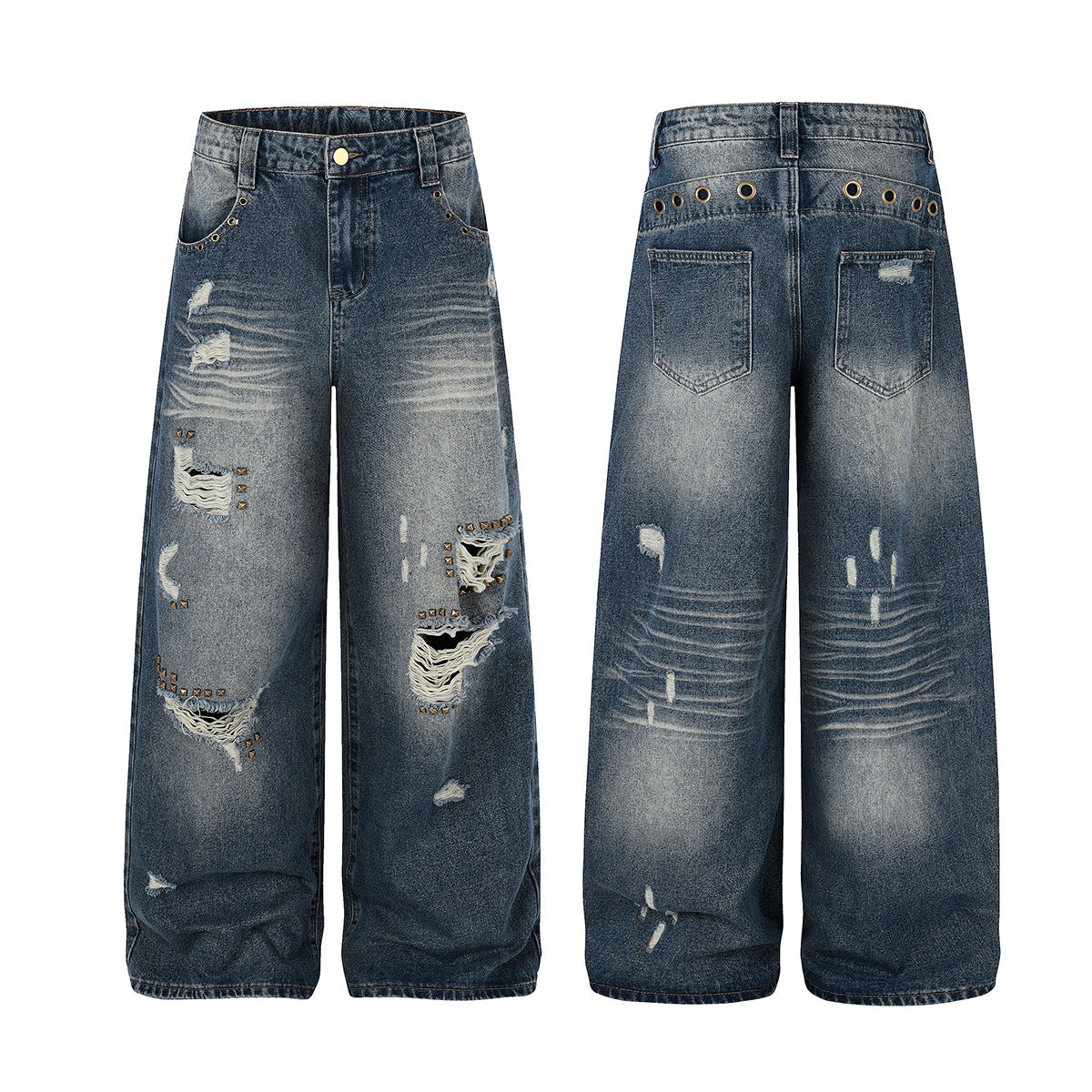 Wash Rivet Damage Wide Leg Denim Jeans