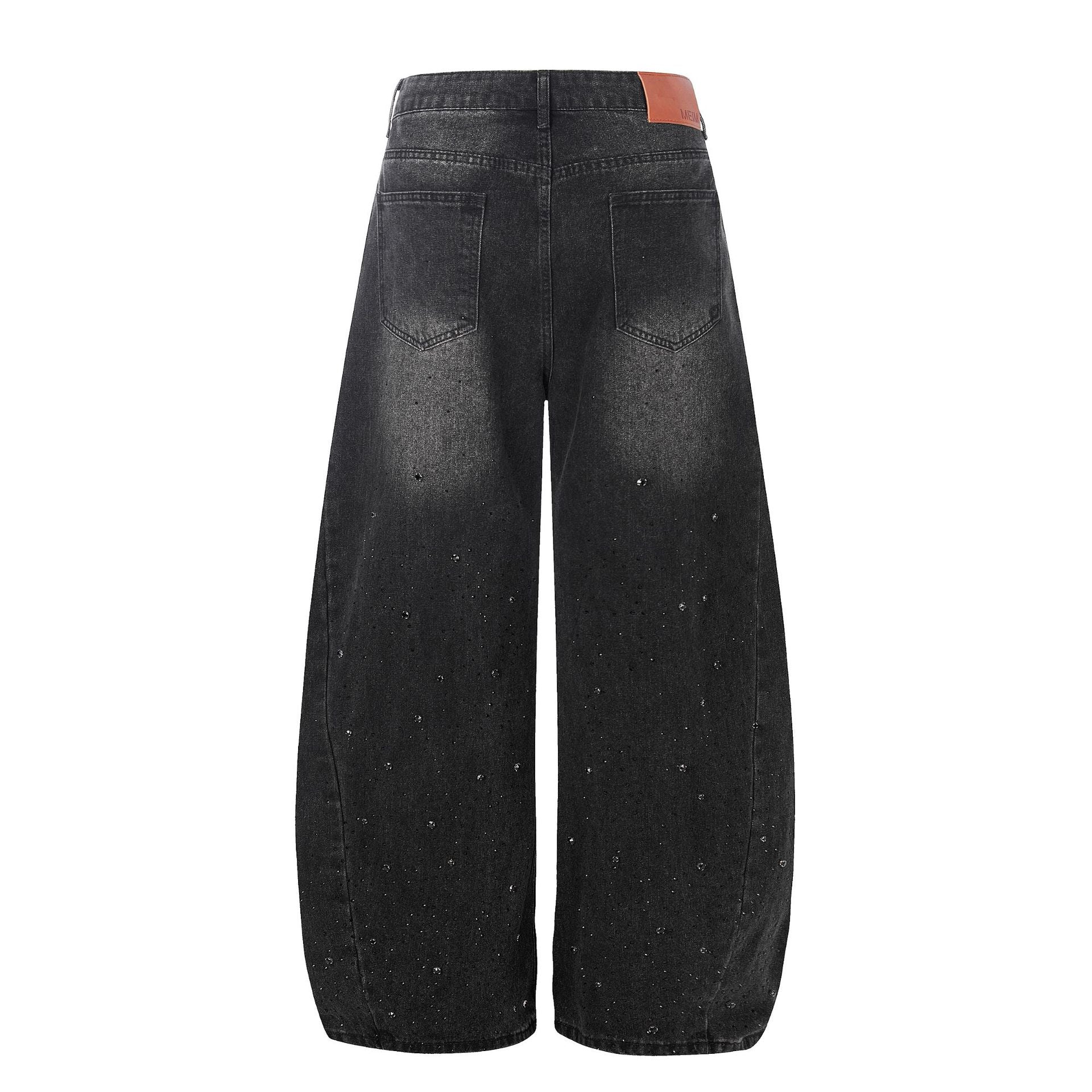 Washed Rhinestone Barrel Denim Jeans