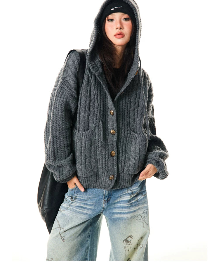 Hooded Button Oversize Cable Knit Cardigan
