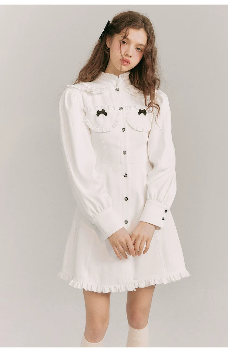 Double Neck Long Sleeve Shirt Dress