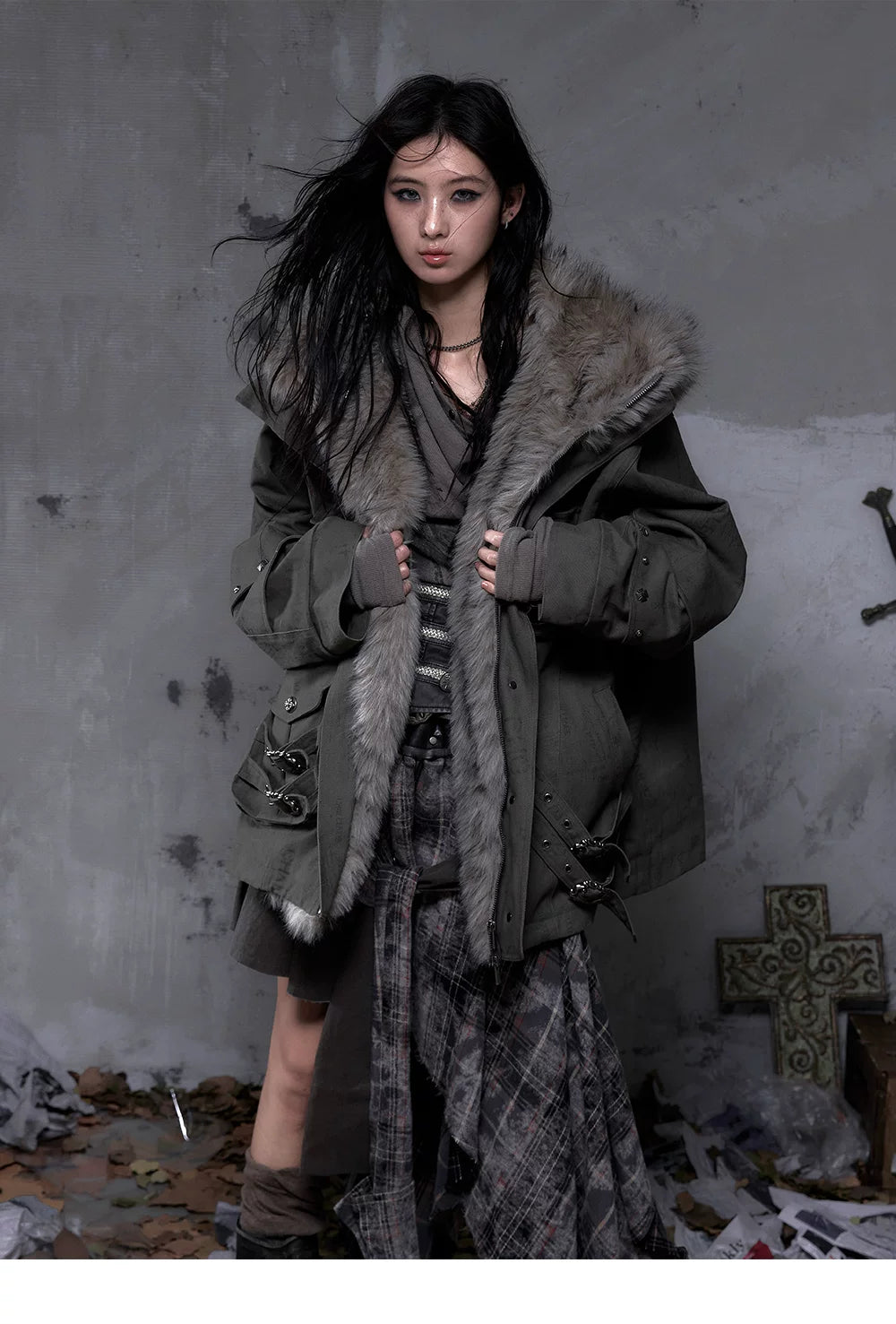 Fake Fur Hooded Multi-Pocket Buckle Detail Jacket