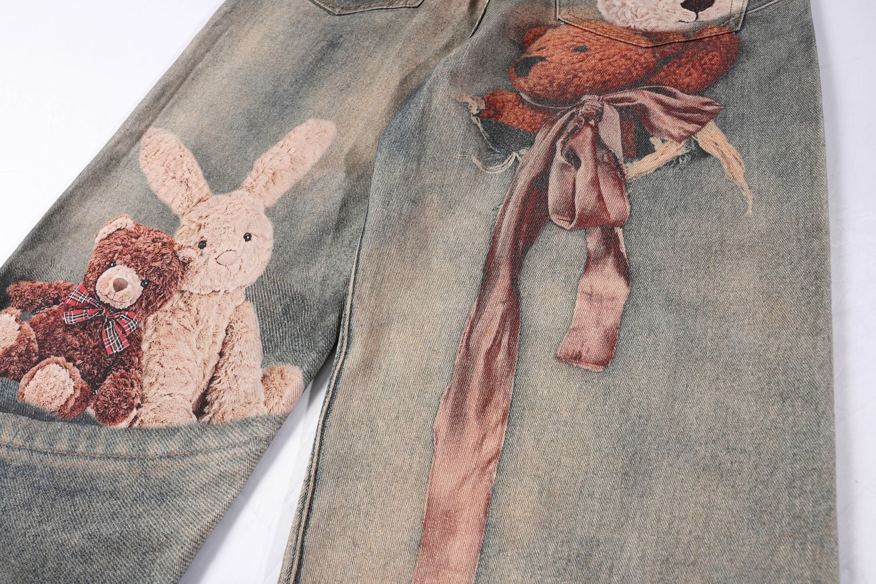 Washed 3D Graphic Print Wide Leg Denim Jeans