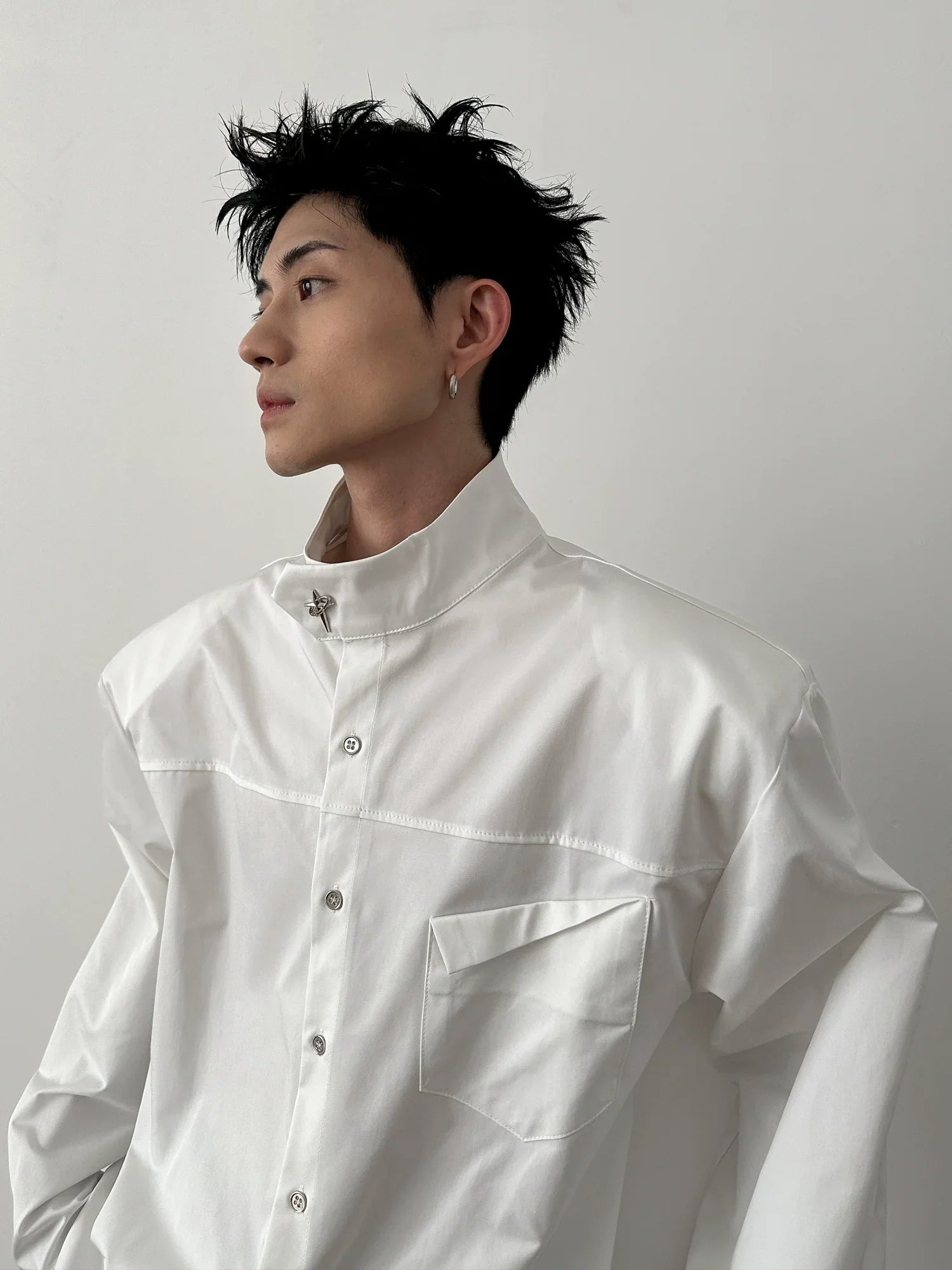 Metal Logo Button Up Stand Neck Long Sleeve Shirt