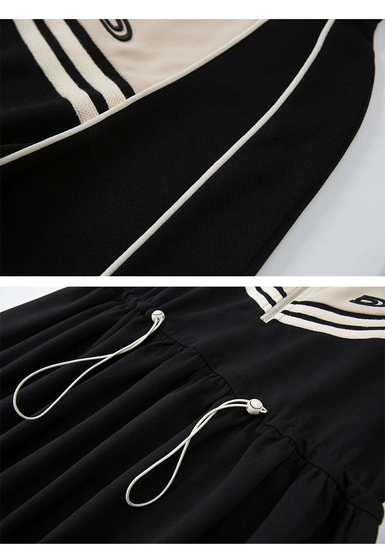 Embroidery Color Blocking Sporty Long Sleeve Jersey Dress